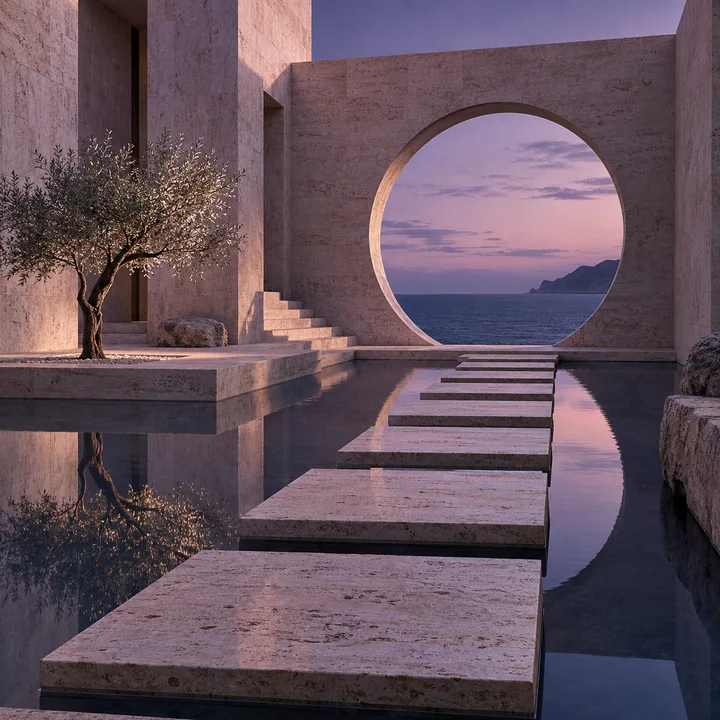 AI-generated editorial artwork of a stone courtyard overlooking the sea